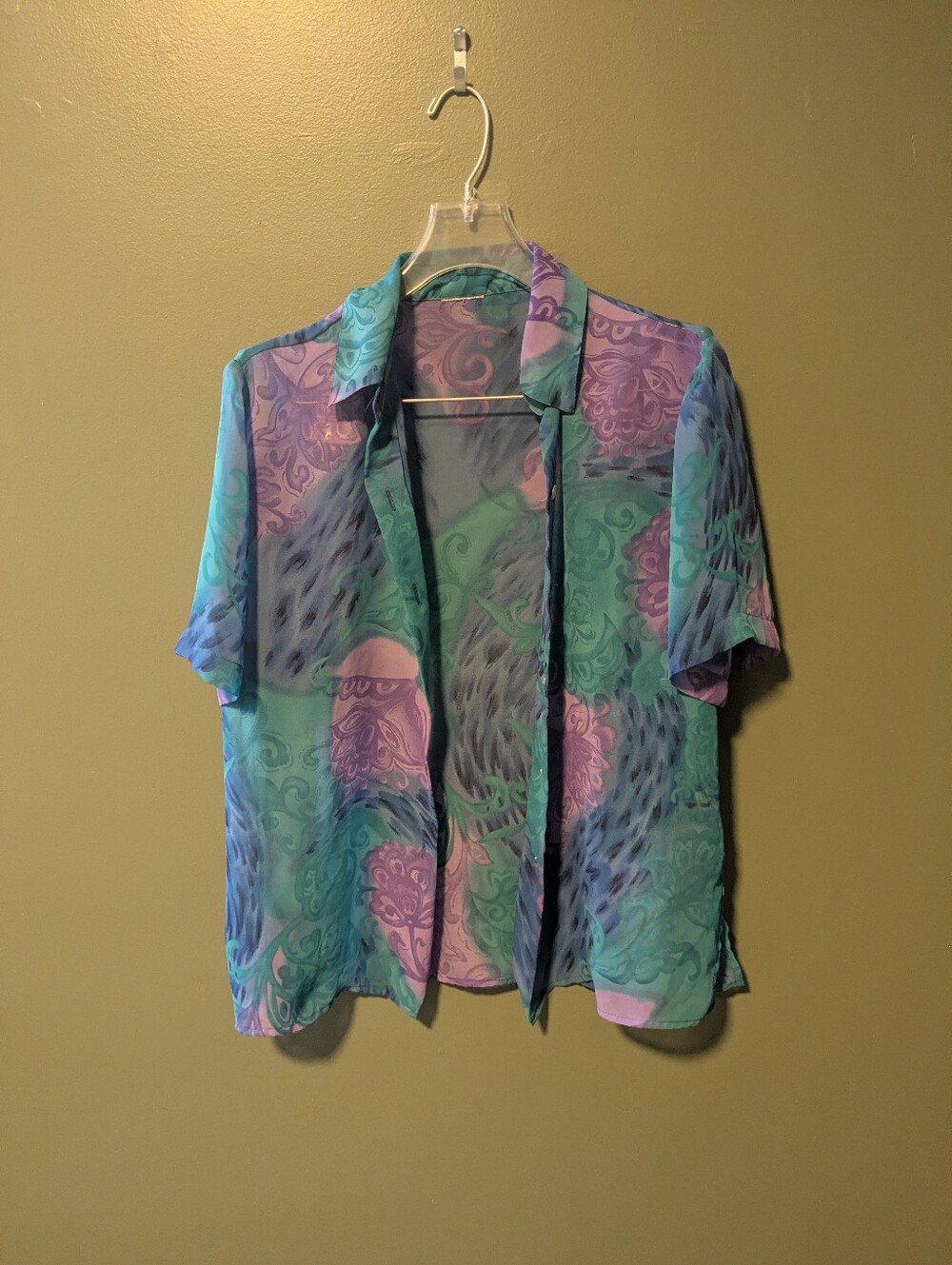 Short-Sleeve Sheer Button Shirt In Teal & Purple